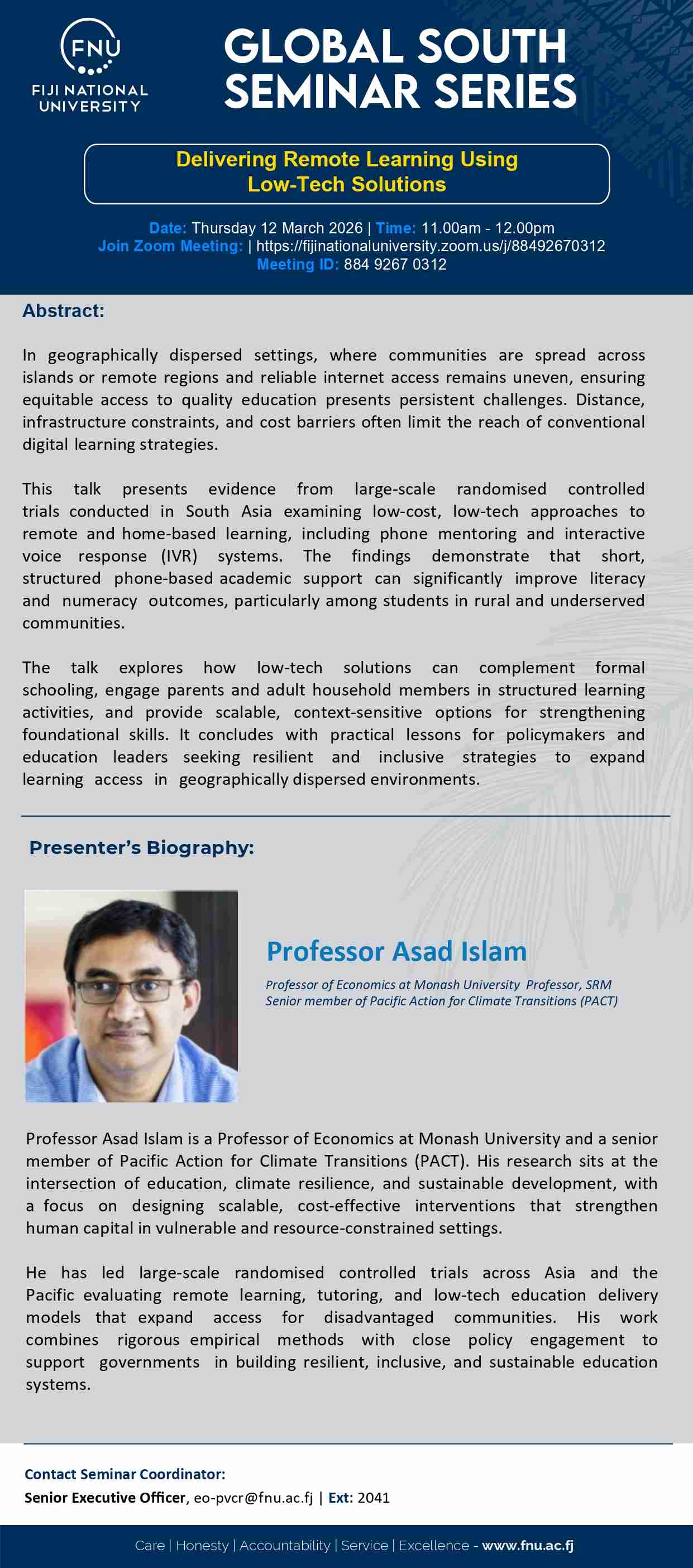 Seminar at Fiji National University on Remote Learning and Low-Tech Education Solutions